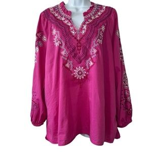 Soft Surroundings Women’s Pink Laney Voile Long Sleeve Embroidered Blouse- XL